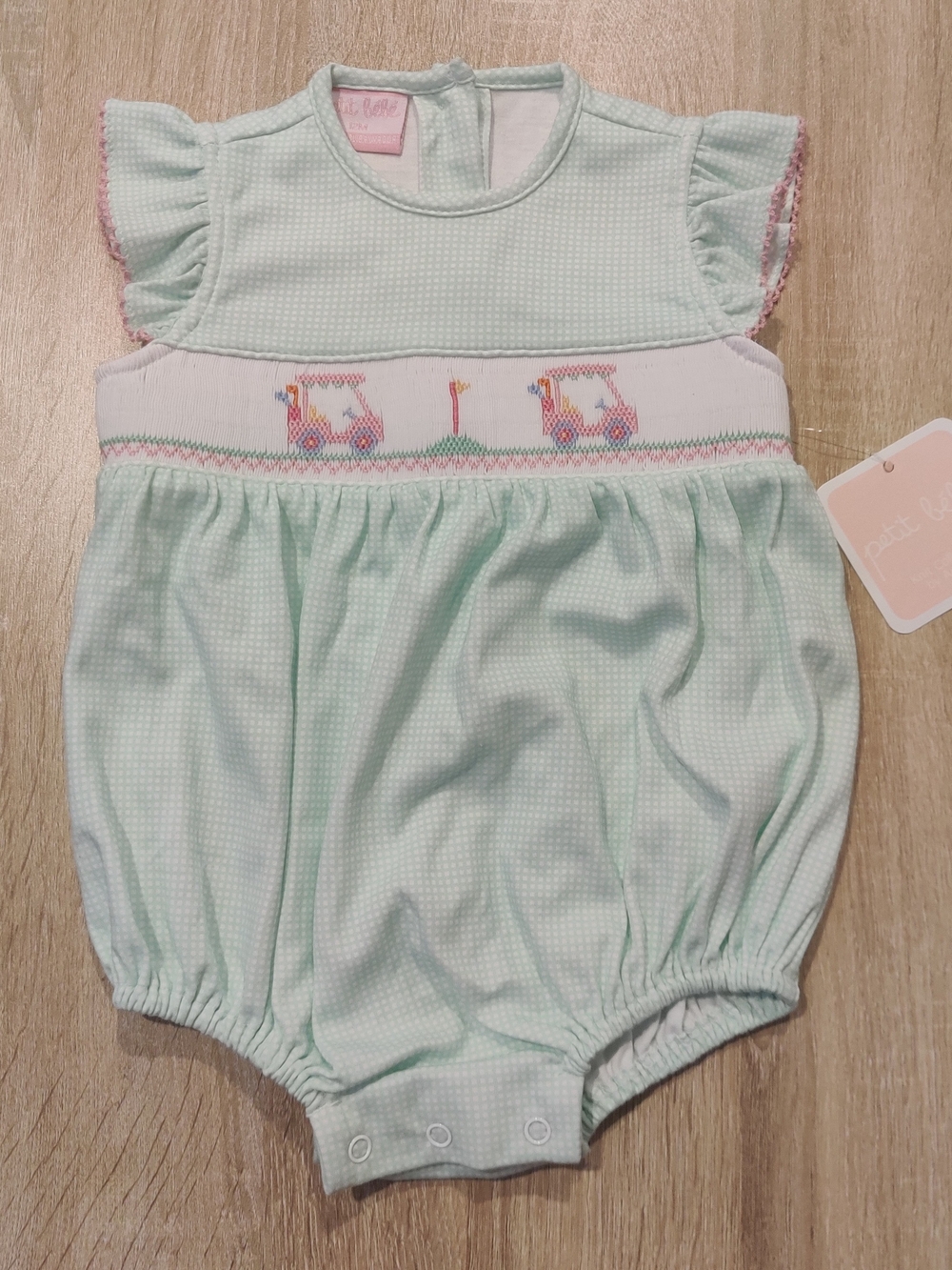 NWT Petit Bateau Mint Smocked Gold Theme Baby Bubble Romper Size 12mo